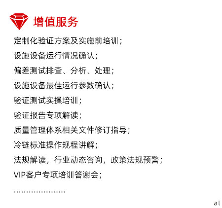 定制化溫濕度驗證增值服務(wù)：定制化驗證方案及實施前培訓(xùn)； 設(shè)施設(shè)備運行情況確認； 偏差測試排查、分析、處理； 設(shè)施設(shè)備最佳運行參數(shù)確認； 驗證測試實操培訓(xùn)； 驗證報告專項解讀； 質(zhì)量管理體系相關(guān)文件修訂指導(dǎo)； 冷鏈標(biāo)準(zhǔn)操作規(guī)程講解； 法規(guī)解讀，行業(yè)動態(tài)咨詢，政策法規(guī)預(yù)警； VIP客戶專項培訓(xùn)答謝會；