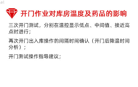 開門作業(yè)對庫房溫度影響及藥品的影響：三次開門測試，分別在溫控顯示低點、中間值、接 近高點時進行； 再次開門出入庫操作的間隔時間確認（開門后降溫 時間分析）； 開門測試操作指導(dǎo)建議；