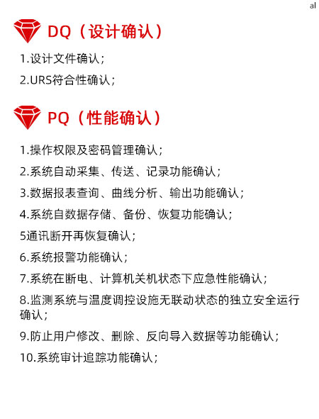 溫濕度監(jiān)測系統(tǒng)GMP驗證PQ項目內(nèi)容有操作權(quán)限及密碼管理確認 、系統(tǒng)自動采集、傳送、記錄功能確認、數(shù)據(jù)報表查詢、曲線分析、輸出功能確認、系統(tǒng)自數(shù)據(jù)存儲、備份、恢復(fù)功能確認、通訊斷開再恢復(fù)確認、系統(tǒng)報警功能確認、系統(tǒng)在斷電、計算機關(guān)機狀態(tài)下應(yīng)急性能確認、監(jiān)測系統(tǒng)與溫度調(diào)控設(shè)施無聯(lián)動狀態(tài)的獨立安全運行確認、防止用戶修改、刪除、反向?qū)霐?shù)據(jù)等功能確認、系統(tǒng)審計追蹤功能確認、系統(tǒng)性能效率確認、系統(tǒng)參數(shù)設(shè)置確認。