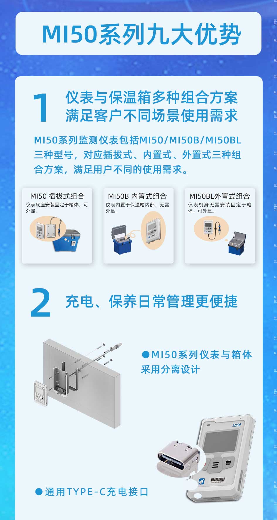 MI50系列溫度監(jiān)測儀表包括MI50/MI50B/MI50BL三種型號(hào)，對(duì)應(yīng)插拔式、內(nèi)置式、外置式三種組合方案，滿足用戶不同的使用需求。