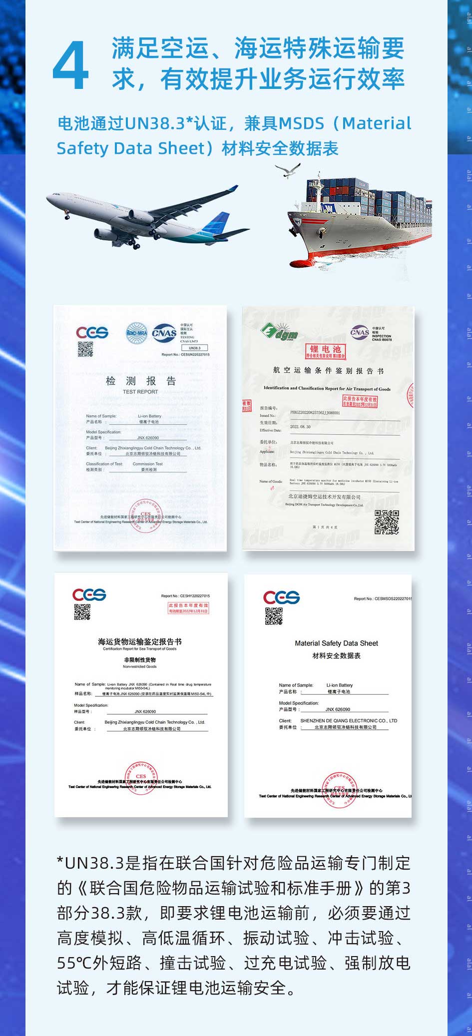 MI50系列溫度監(jiān)測儀電池通過UN38.3*認(rèn)證，兼具M(jìn)SDS（Material Safety Data Sheet）材料安全數(shù)據(jù)表，滿足空運(yùn)、海運(yùn)特殊運(yùn)輸要求，有效提升業(yè)務(wù)運(yùn)行效率。