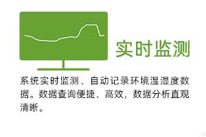 實時監(jiān)測：系統(tǒng)實時監(jiān)測、自動記錄環(huán)境溫濕度數(shù)據(jù)。 數(shù)據(jù)查詢便捷、高效，數(shù)據(jù)分析直觀清晰。