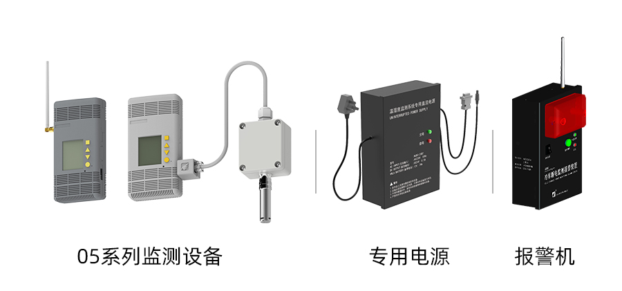 部分設(shè)備展示：05系列溫濕度監(jiān)測(cè)設(shè)備、報(bào)警機(jī)