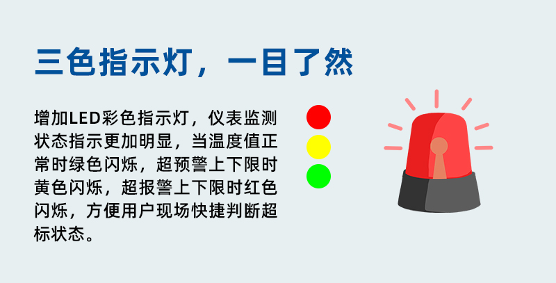 溫度監(jiān)控儀表增加報(bào)警狀態(tài)指示燈。機(jī)身正面頂部增加LED彩色指示燈，儀表監(jiān)測(cè)狀態(tài)指示更加明顯，當(dāng)溫度值正常時(shí)綠色閃爍，當(dāng)溫度監(jiān)測(cè)值超預(yù)警上下限時(shí)黃色閃爍，當(dāng)溫度監(jiān)控值超報(bào)警上下限時(shí)紅色閃爍，方便用戶現(xiàn)場(chǎng)快捷判斷超標(biāo)狀態(tài)。